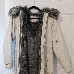 French Connection Ivory Canvas Park with Faux-Fur Hood
